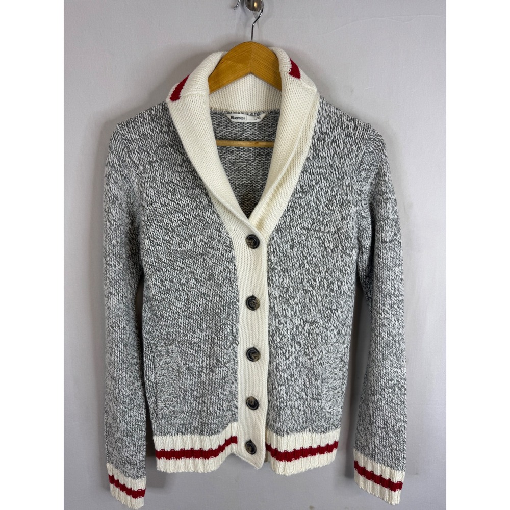 Bluenotes Gray Marled Shawl Collar Cabin Cowichan Striped Cardigan Sweater L